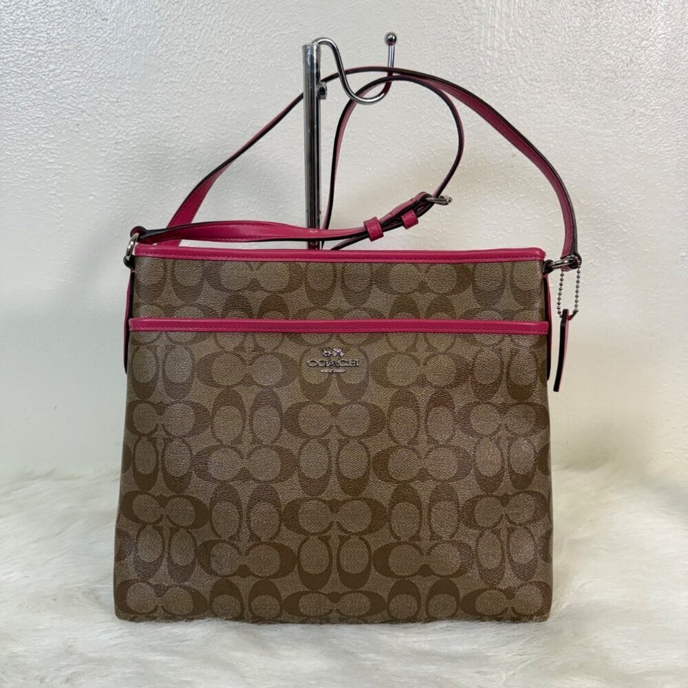 Coach Large File Shoulder Bag Signature PVC Canvas Khaki Dahlia Pink F58297